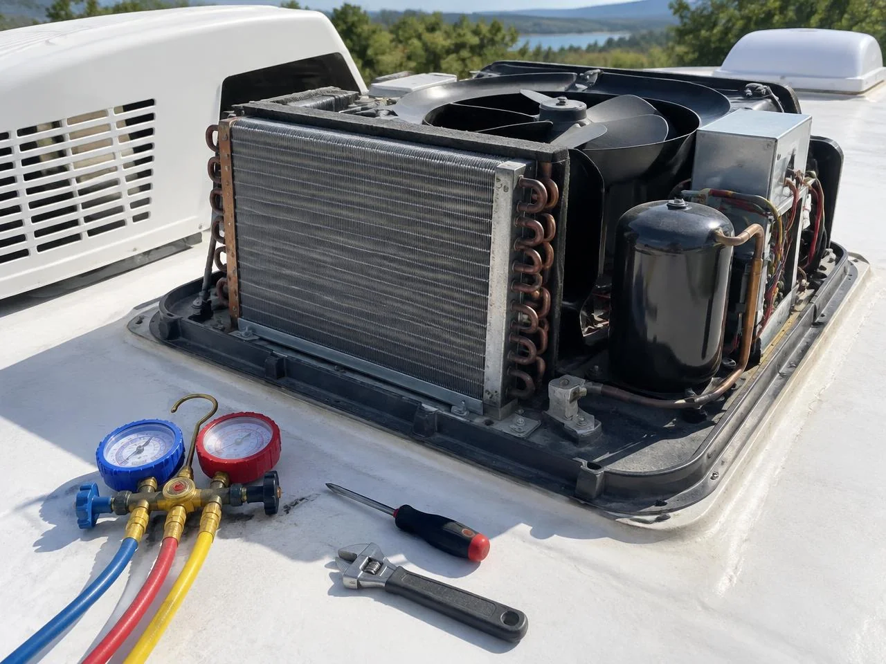 RV rooftop air conditioner with its cover off and service gauges beside it