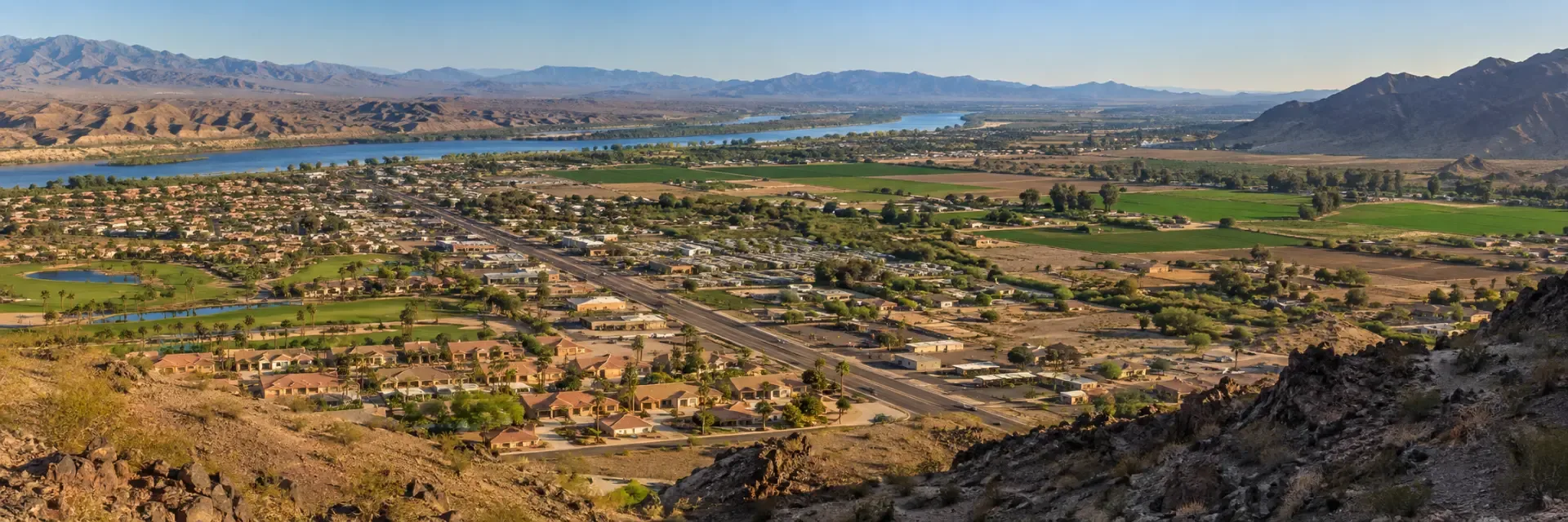 Homes and farmland along the Colorado River valley in Mohave County