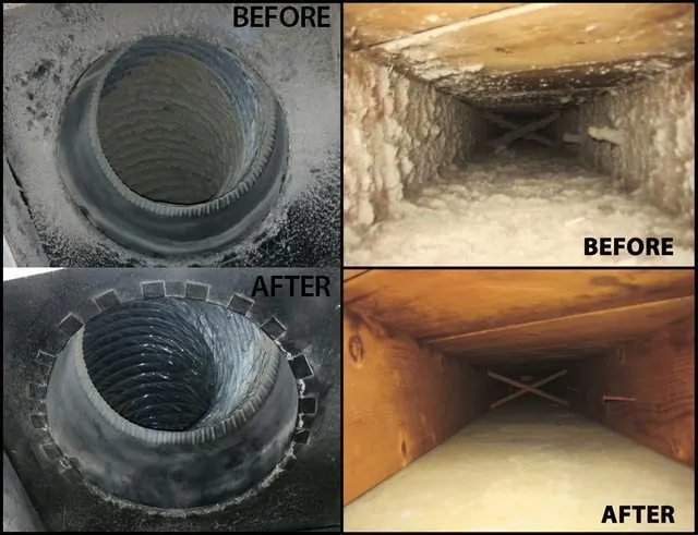 Duct interior before and after cleaning