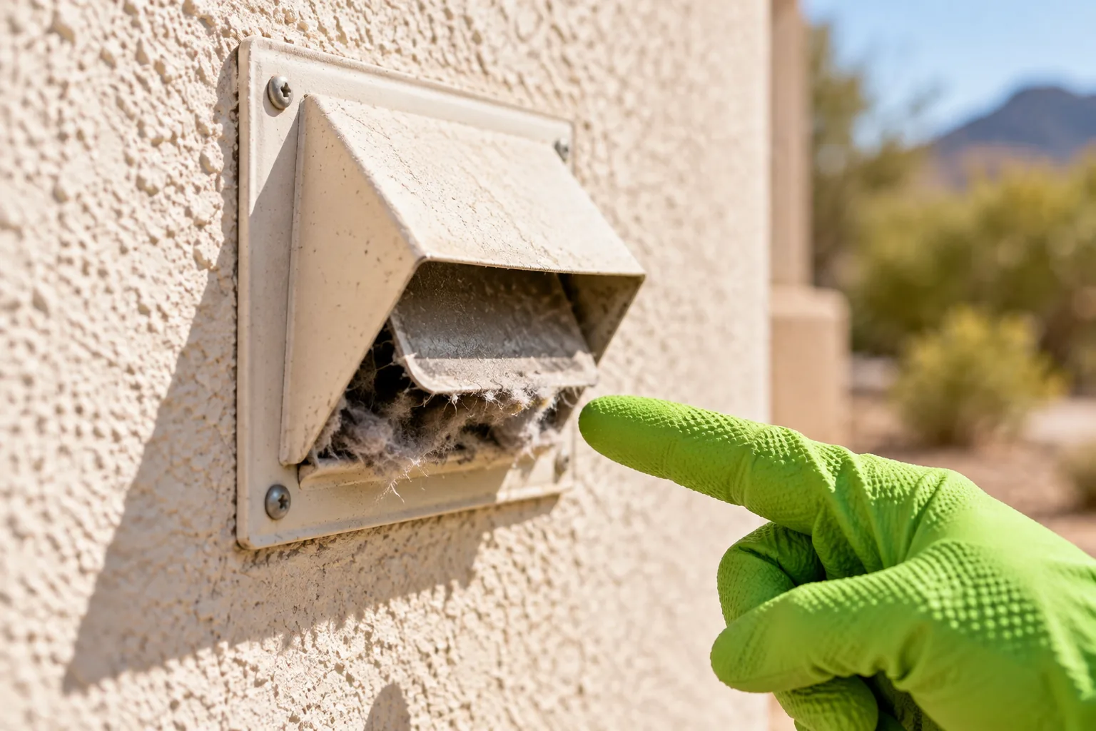 Gloved hand pointing to lint packed in an exterior dryer vent hood on a stucco wall