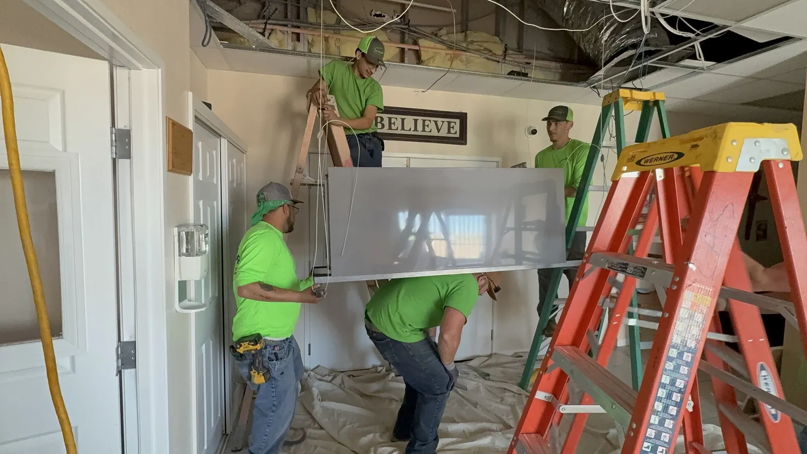 Commercial duct installation above a ceiling