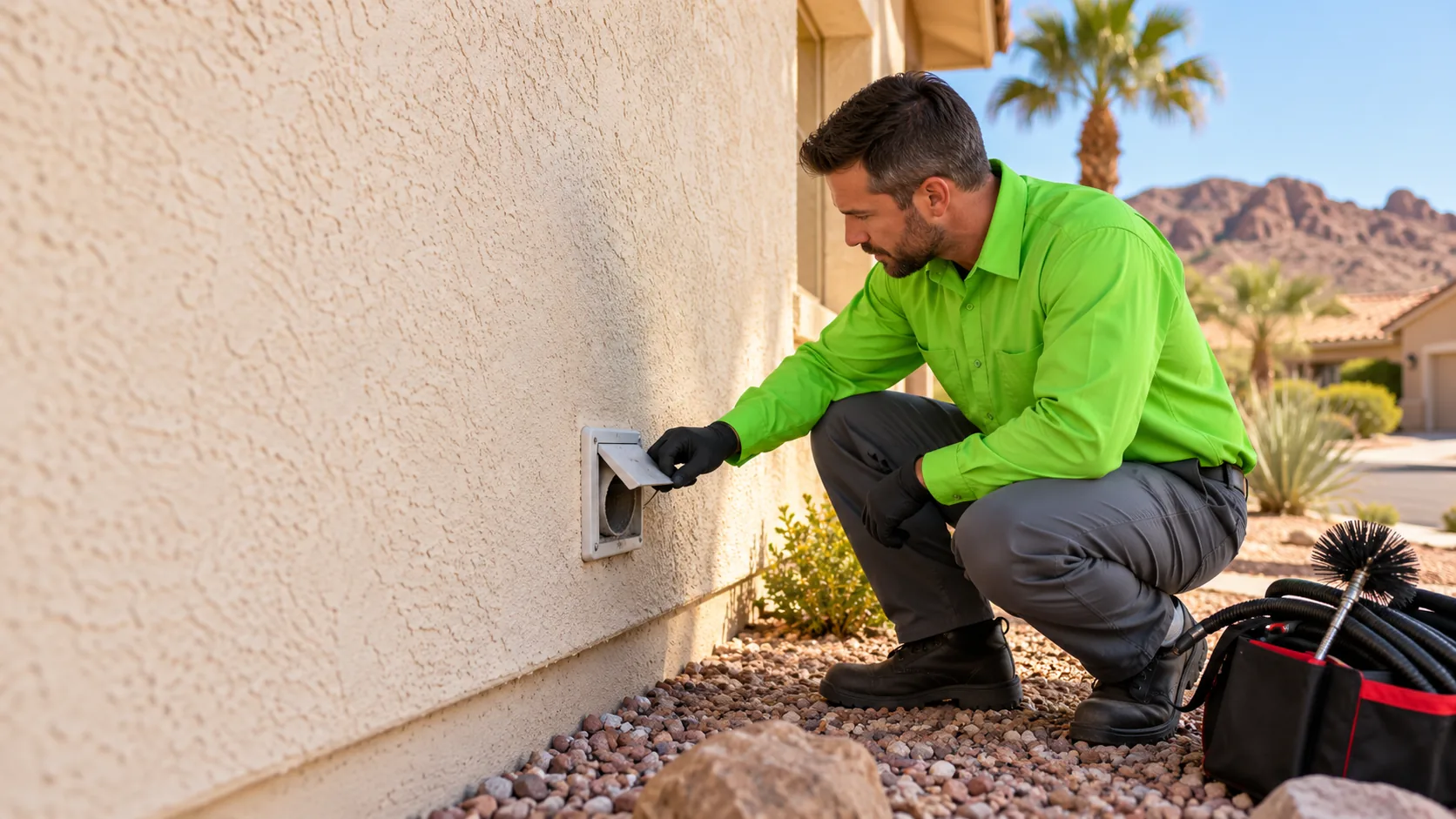 Technician opening an exterior dryer vent hood on a stucco home