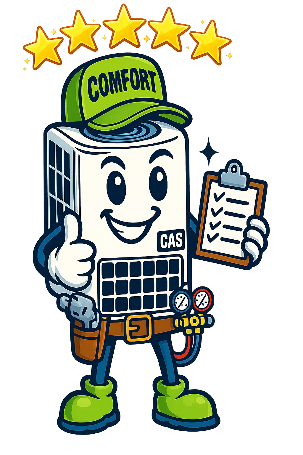 Comfort Air Solutions character with a checklist and five stars above