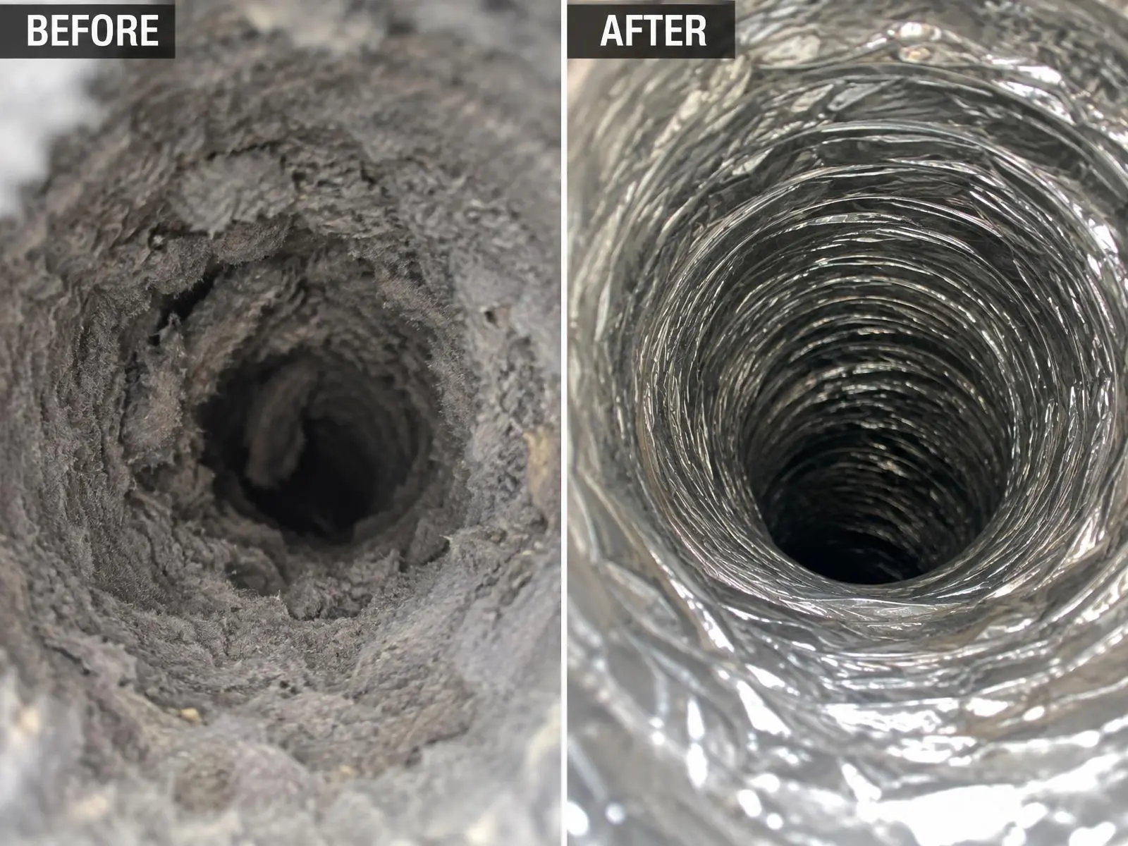 Dryer vent interior before and after cleaning
