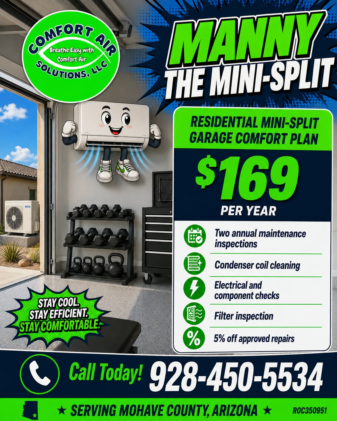 Basic plan flyer featuring Manny the Mini-Split, $169 per year
