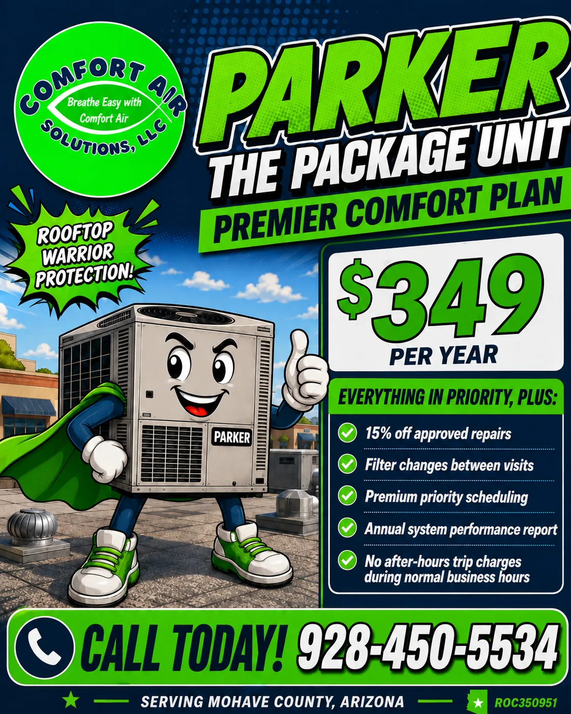 Premier Comfort Plan flyer featuring Parker the Package Unit, $349 per year