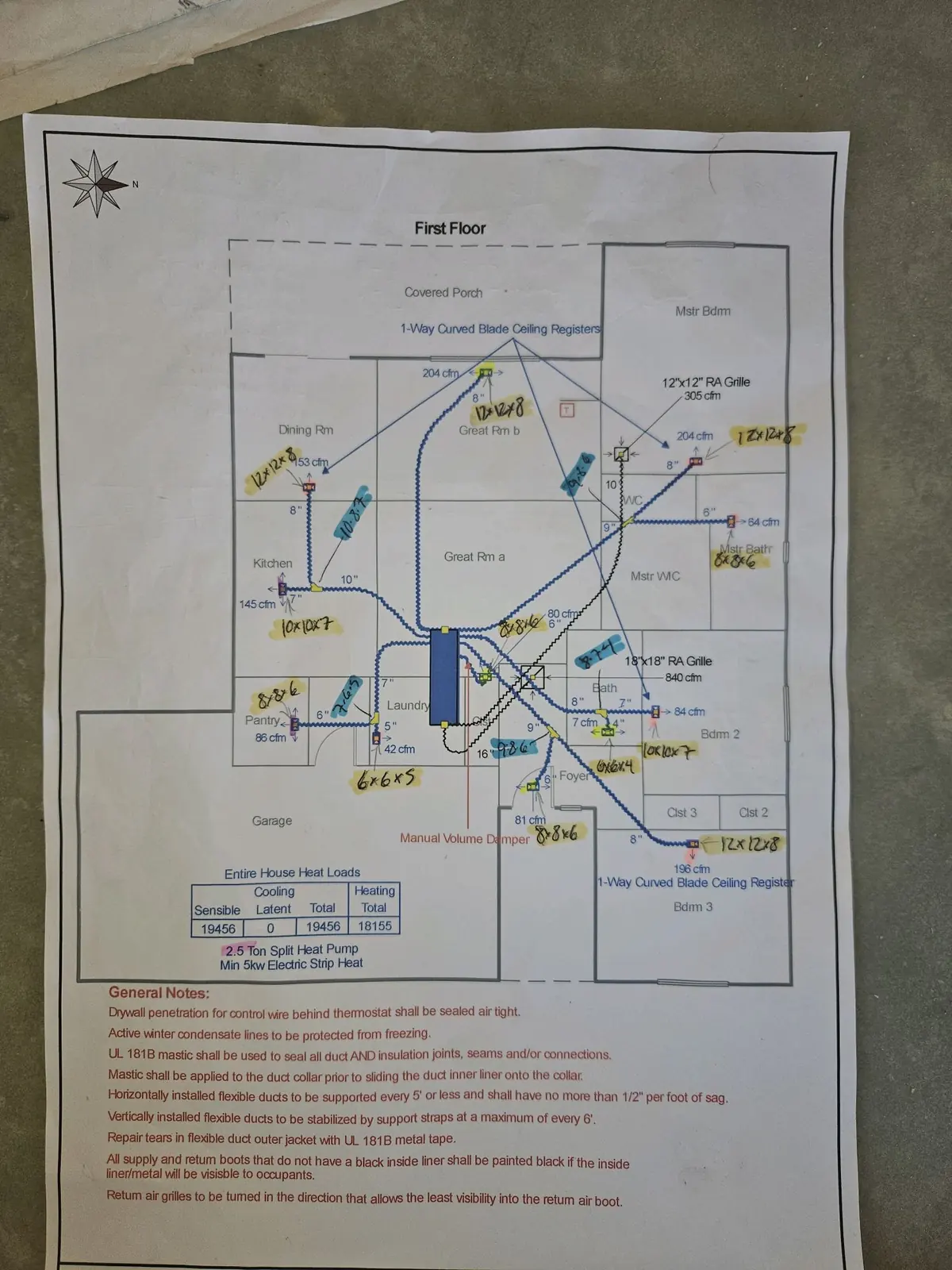 Hand-drawn duct layout plan for a home
