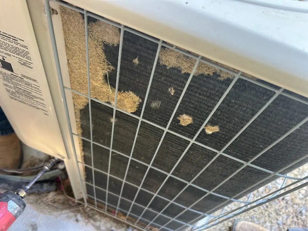 Close-up of a dirty residential outdoor AC unit