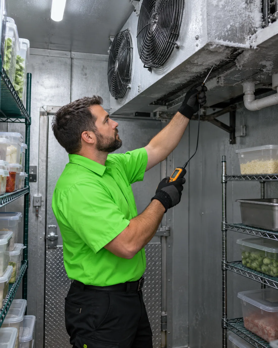 Technician checking temperature at a frosted walk-in cooler evaporator