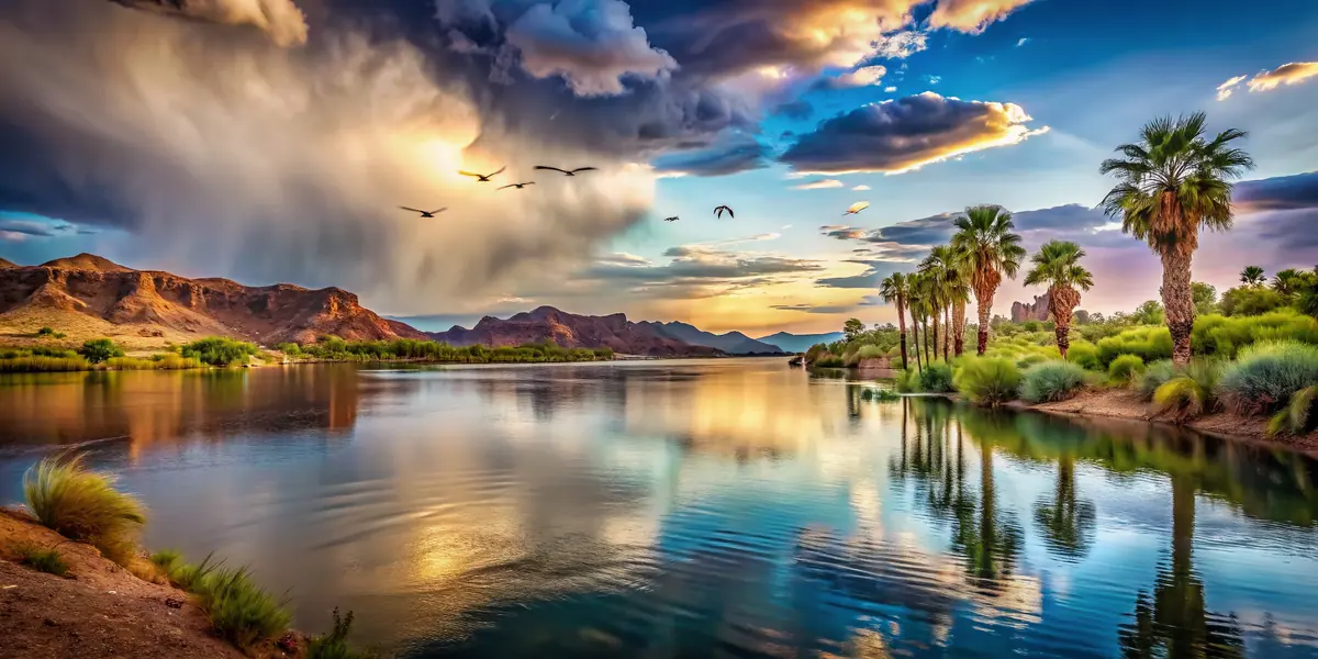 The Colorado River and palms in the Mohave Valley area