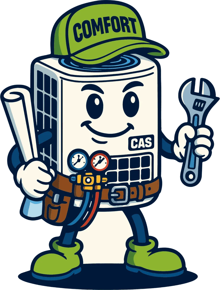 Comfort Air Solutions mascot, a friendly air conditioner in a Comfort cap holding a wrench and service notes