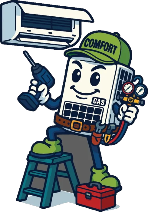 Comfort Air Solutions character on a step ladder installing a mini split with a drill and gauges