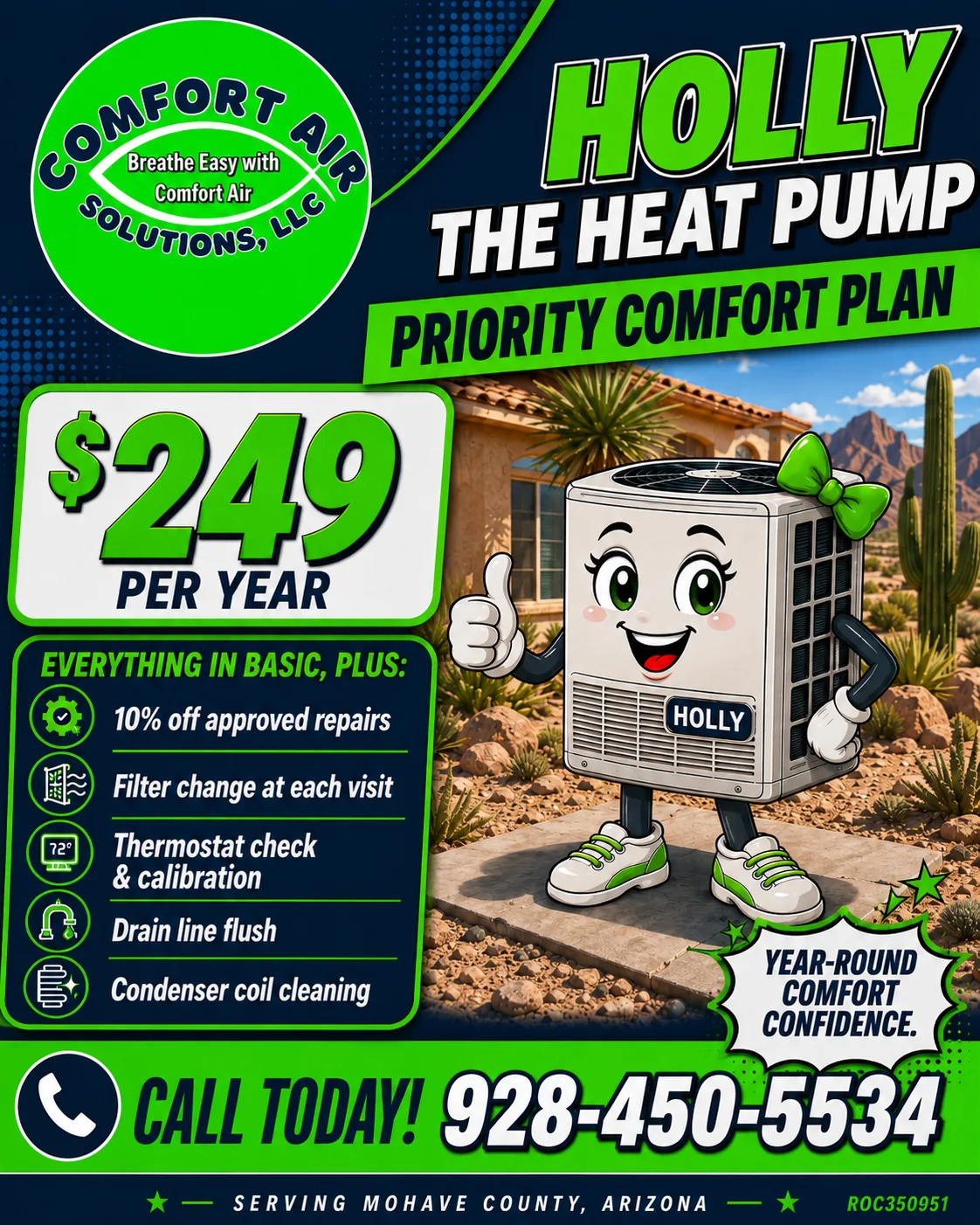 Priority Comfort Plan flyer featuring Holly the Heat Pump, $249 per year